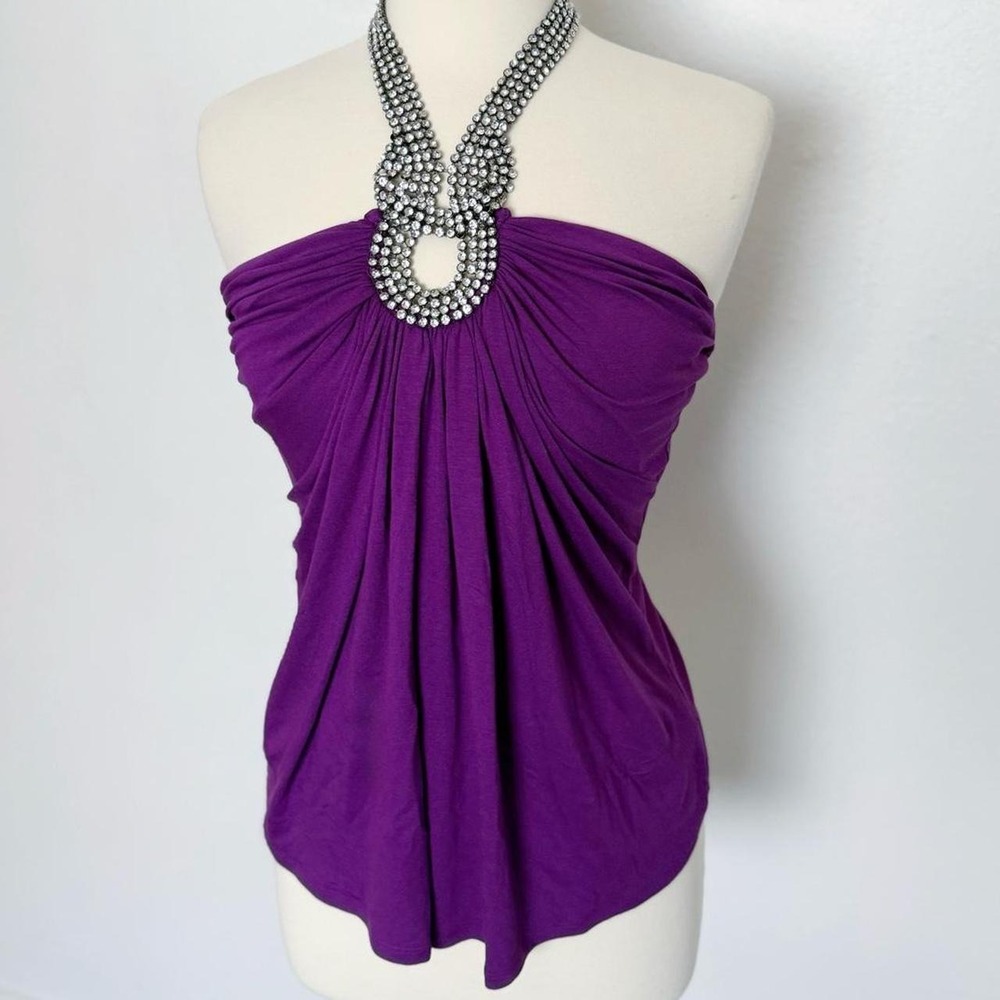 Y2K Rhinestone Halter Draped Keyhole Top Boston Proper Grape Juice S